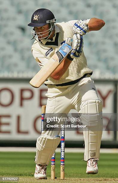 Nick Jewell of the Bushrangers plays a shot during day one of the Sheffield Shield Final between the Victorian Bushrangers and the Queensland Bulls...