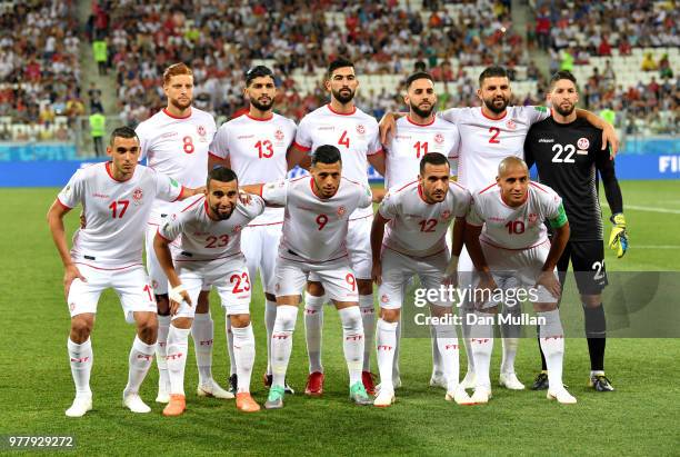 The Tunisia team pose for a team photo prior to the 2018 FIFA World Cup Russia group G match between Tunisia and England at Volgograd Arena on June...