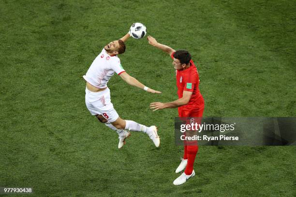 Fakhreddine Ben Youssef of Tunisia is fouled by Harry Maguire of England during the 2018 FIFA World Cup Russia group G match between Tunisia and...