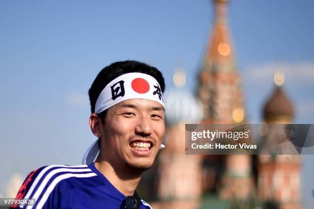 Fan of Japan poses at Moscow Red Square durng the FIFA World Cup on June 18, 2018 in Moscow, Russia.