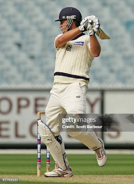 Nick Jewell of the Bushrangers plays a shot during day one of the Sheffield Shield Final between the Victorian Bushrangers and the Queensland Bulls...