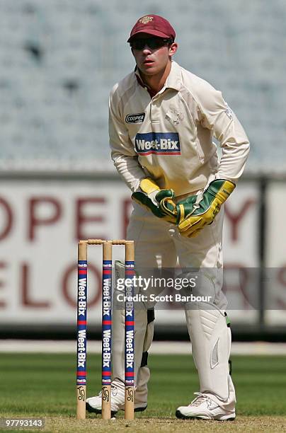 Wicketkeeper Chris Hartley of the Bulls waits for a return throw from the outfield during day one of the Sheffield Shield Final between the Victorian...