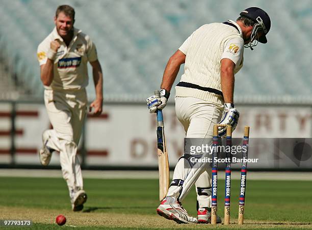 Chris Swan of the Bulls celebrates after bowling Nick Jewell of the Bushrangers during day one of the Sheffield Shield Final between the Victorian...
