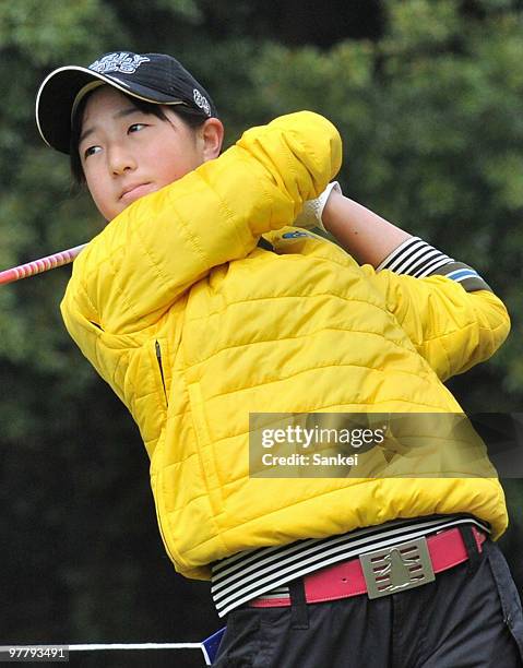 Yoko Ishikawa, young sister of golfer Ryo Ishikawa hits a tee shot after the practice round of T Point Ladies Golf Tournament at Kagoshima Takamaki...