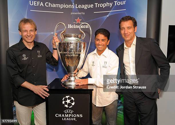 Jurgen Klinsmann, Bebeto and Clive Owen attend the Heineken Brings UEFA Champions League Trophy party at Les Deux on March 16, 2010 in Hollywood,...