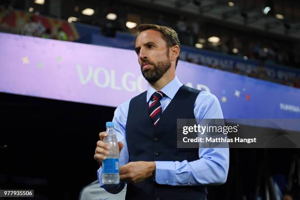 Gareth Southgate, Manager of England looks on prior to the 2018 FIFA World Cup Russia group G match between Tunisia and England at Volgograd Arena on...