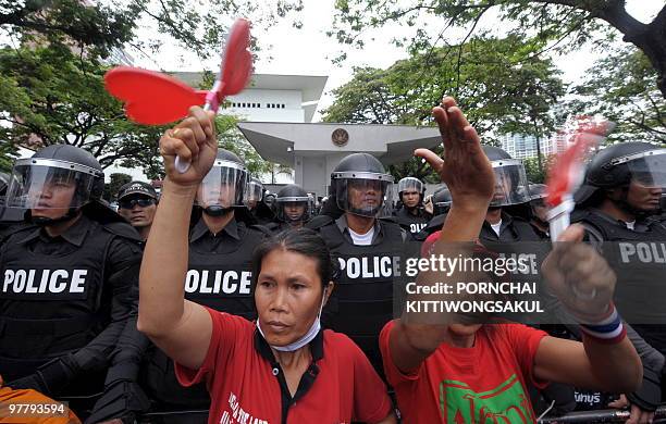 Supporters of deposed Thai premier Thaksin Shinawatra shout slogans as they protest at the US embassy in Bangkok on March 17, 2010. Thousands of Thai...