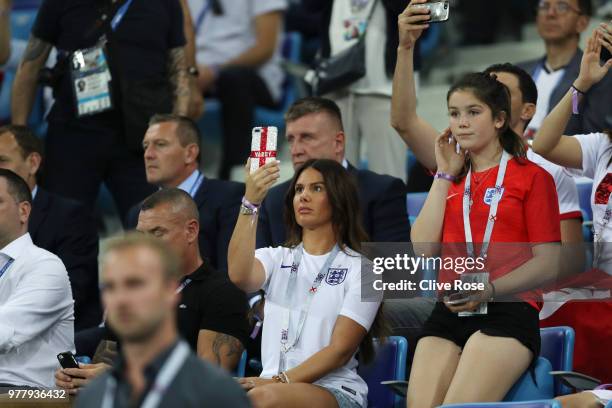 Becky Vardy, wife of England's Jamie Vardy look on prior to the 2018 FIFA World Cup Russia group G match between Tunisia and England at Volgograd...