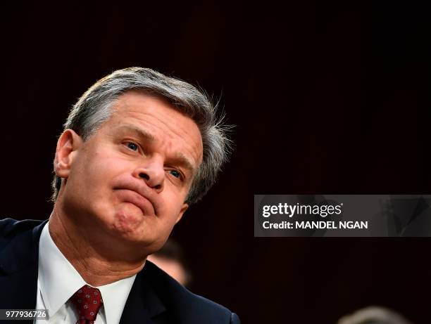 Director Christopher Wray looks on as he testifies before the Senate Judiciary Committee on "Examining the Inspector General's First Report on...