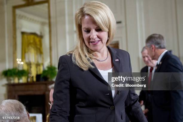 Gwynne Shotwell, president and chief operating officer of Space Exploration Technologies Corp. , attends a National Space Council meeting in the East...