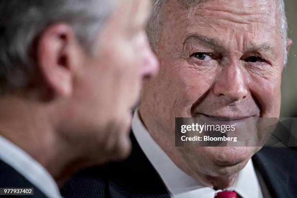 Representative Dana Rohrabacher, a Republican from California, attends a National Space Council meeting in the East Room of the White House in...