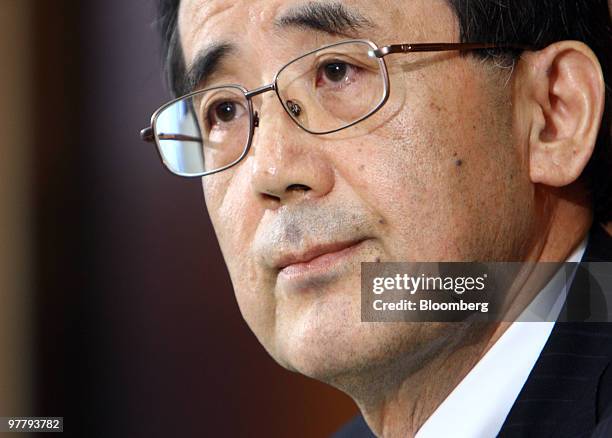 Masaaki Shirakawa, governor of the Bank of Japan, pauses during a news conference in Tokyo, Japan, on Wednesday, March 17, 2010. The Bank of Japan...