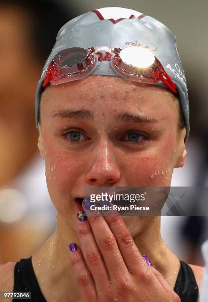 Yolane Kulka of Australia is overcome with emotion after winning the Women's 50m Butterfly Final during day two of the 2010 Australian Swimming...