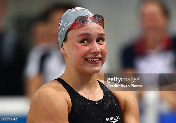 Yolane Kulka of Australia is overcome with emotion after winning the Women's 50m Butterfly Final during day two of the 2010 Australian Swimming...