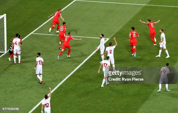 Harry Kane of England celebrates after scoring his team's first goal during the 2018 FIFA World Cup Russia group G match between Tunisia and England...