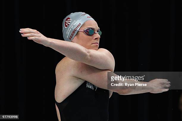 Emily Seebohm of Australia warms up before the Women's 50m Butterfly Final during day two of the 2010 Australian Swimming Championships at Sydney...