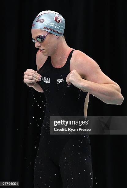 Emily Seebohm of Australia warms up before the Women's 50m Butterfly Final during day two of the 2010 Australian Swimming Championships at Sydney...