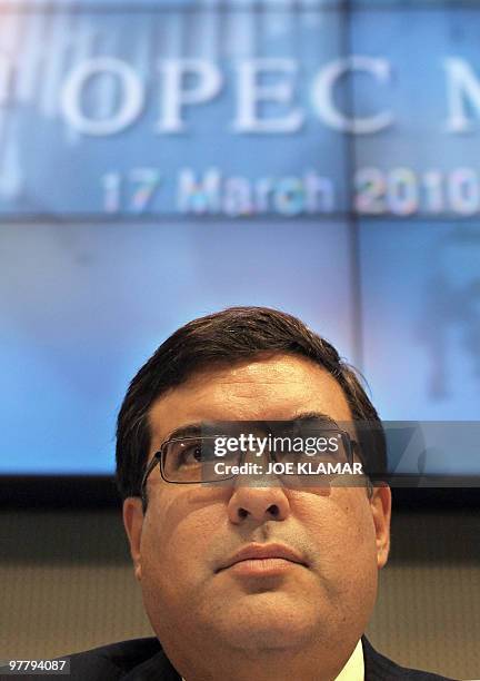 Ecuador's Natural Ressources Minister and President of the OPEC conference Germanico Alfredo Pinto Troya opens the 156th meeting of the OPEC...