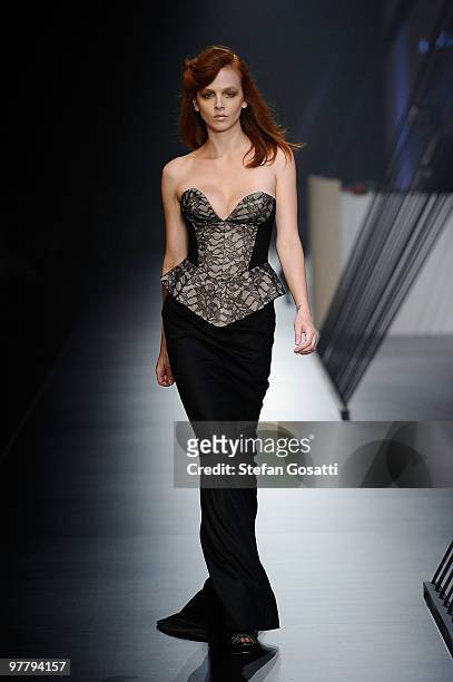 Model showcases designs on the catwalk by Yeojin Bae as part of L'Oreal Paris Runway 4 on the third day of the 2010 L'Oreal Melbourne Fashion...