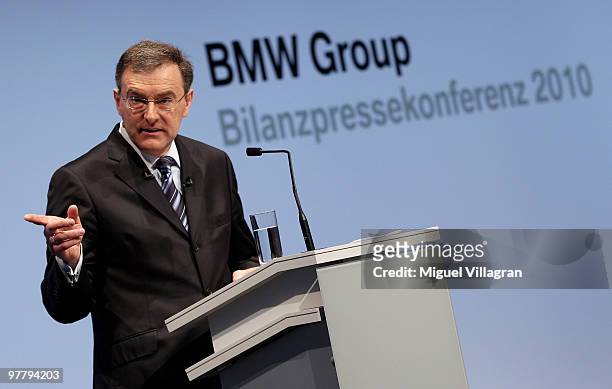 Chairman and CEO Norbert Reithofer addresses the media during the annual news conference at BMW World on March 17, 2010 in Munich, Germany. BMW Group...