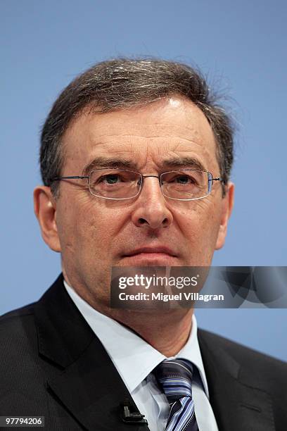 Chairman and CEO Norbert Reithofer looks on during the annual news conference at BMW World on March 17, 2010 in Munich, Germany. BMW Group sold 1.28...