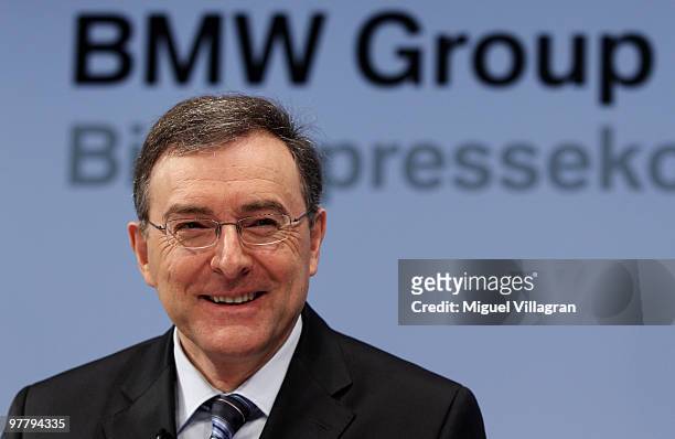 Chairman and CEO Norbert Reithofer smiles during the annual news conference at BMW World on March 17, 2010 in Munich, Germany. BMW Group sold 1.28...