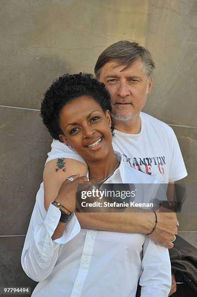 Actress Dennenesch Zoude and husband director Carlo Rola pose for the photographer during their honeymoon on October 23, 2009 in Los Angeles,...