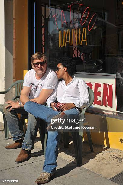 Actress Dennenesch Zoude and husband director Carlo Rola pose for the photographer during their honeymoon on October 23, 2009 in Los Angeles,...