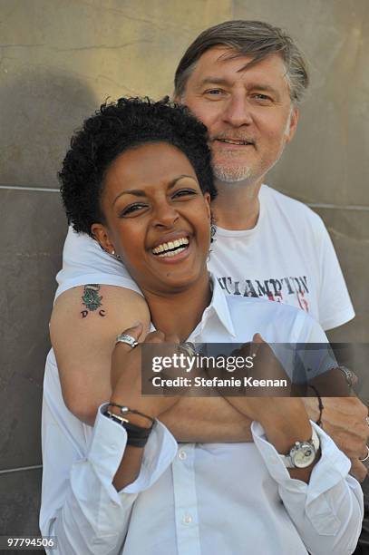 Actress Dennenesch Zoude and husband director Carlo Rola pose for the photographer during their honeymoon on October 23, 2009 in Los Angeles,...