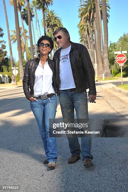 Actress Dennenesch Zoude and husband director Carlo Rola pose for the photographer during their honeymoon on October 23, 2009 in Los Angeles,...