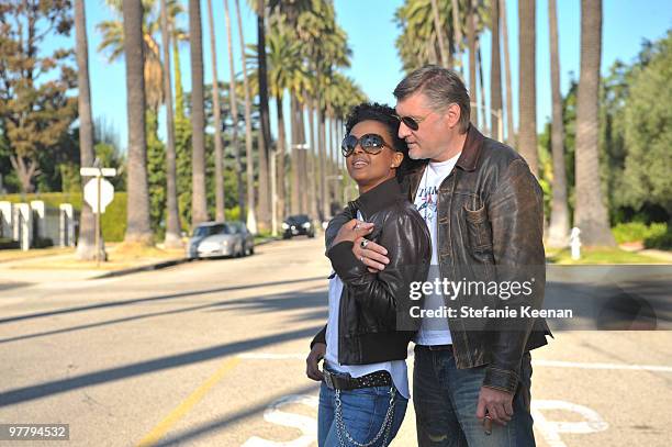 Actress Dennenesch Zoude and husband director Carlo Rola pose for the photographer during their honeymoon on October 23, 2009 in Los Angeles,...