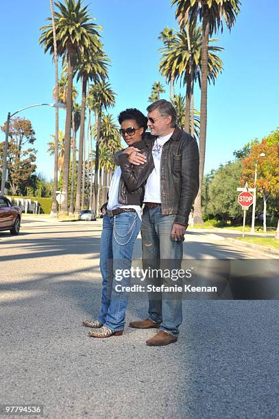 Actress Dennenesch Zoude and husband director Carlo Rola pose for the photographer during their honeymoon on October 23, 2009 in Los Angeles,...