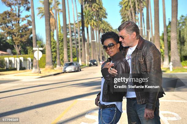 Actress Dennenesch Zoude and husband director Carlo Rola pose for the photographer during their honeymoon on October 23, 2009 in Los Angeles,...