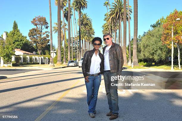 Actress Dennenesch Zoude and husband director Carlo Rola pose for the photographer during their honeymoon on October 23, 2009 in Los Angeles,...