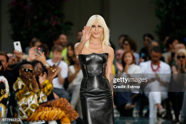 Donatella Versace walks the runway at the Versace show during Milan Men's Fashion Week Spring/Summer 2019 on June 16, 2018 in Milan, Italy.