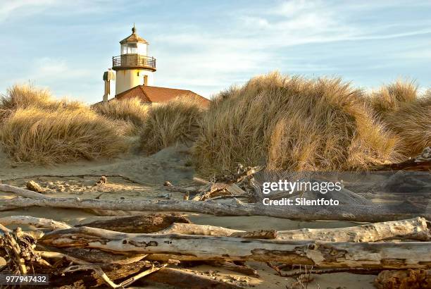 derelict lighthouse amongst sand dunes & driftwood on oregon coast - silentfoto stock-fotos und bilder