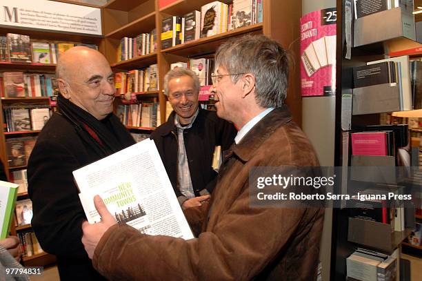 Governor of region Emilia Romagna Vasco Errani meet architect Massimiliano Fuksas during the launch of the book "New Community Towns" at book shop...