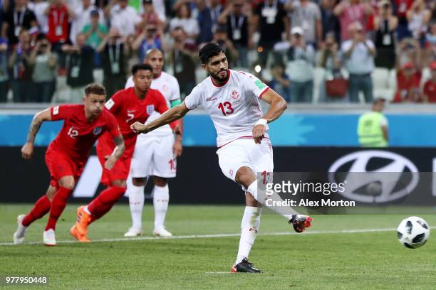 Ferjani Sassi of Tunisia scores a penalty for his team's first goal during the 2018 FIFA World Cup Russia group G match between Tunisia and England...