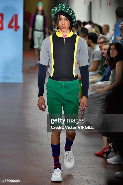 Model walks the runway at the Marni fashion show during Milan Men's Fashion Week Spring/Summer 2019 on June 16, 2018 in Milan, Italy.