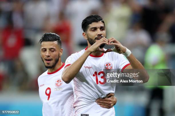 Ferjani Sassi of Tunisia celebrates after scoring his team's first goal during the 2018 FIFA World Cup Russia group G match between Tunisia and...