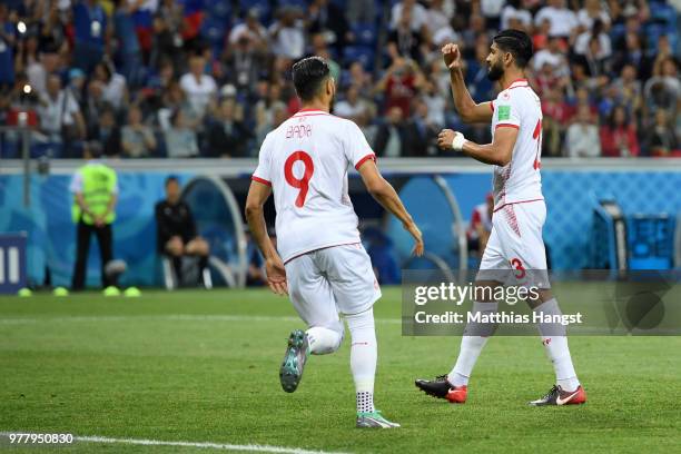 Ferjani Sassi of Tunisia celebrates after scoring his team's first goal during the 2018 FIFA World Cup Russia group G match between Tunisia and...