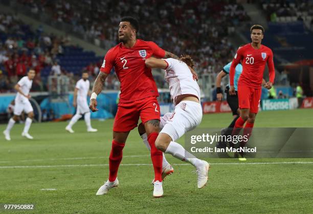 Kyle Walker of England concedes a penalty during the 2018 FIFA World Cup Russia group G match between Tunisia and England at Volgograd Arena on June...