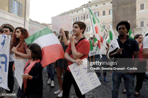 Young Democrats' protest before Parliament against the Government and Minister Matteo Salvini's policy on the reception of migrants, on June 18, 2018...