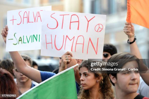 Young Democrats' protest before Parliament against the Government and Minister Matteo Salvini's policy on the reception of migrants, on June 18, 2018...