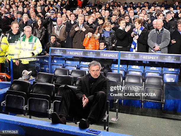 Inter Milan's Portuguese coach Jose Mourinho is pictured before their second leg in the round of 16 UEFA Champions League match against Chelsea at...