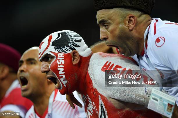 Tunisia fans celebrate after their sides first goal during the 2018 FIFA World Cup Russia group G match between Tunisia and England at Volgograd...