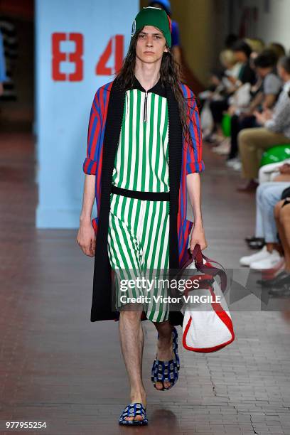 Model walks the runway at the Marni fashion show during Milan Men's Fashion Week Spring/Summer 2019 on June 16, 2018 in Milan, Italy.