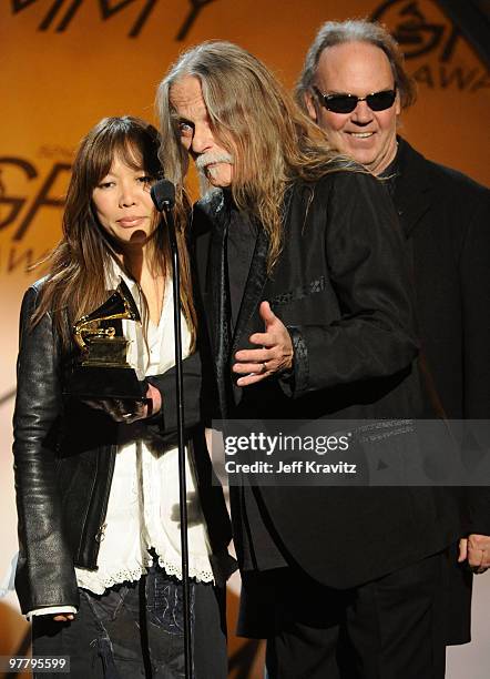 Jenice Ho, Gary Burden and musician Neil Young speak onstage during the 52nd Annual GRAMMY Awards held at Staples Center on January 31, 2010 in Los...