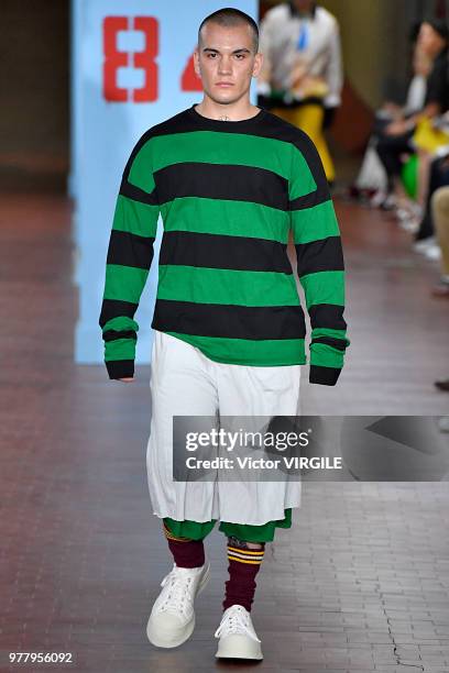 Model walks the runway at the Marni fashion show during Milan Men's Fashion Week Spring/Summer 2019 on June 16, 2018 in Milan, Italy.