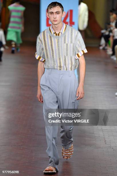 Model walks the runway at the Marni fashion show during Milan Men's Fashion Week Spring/Summer 2019 on June 16, 2018 in Milan, Italy.